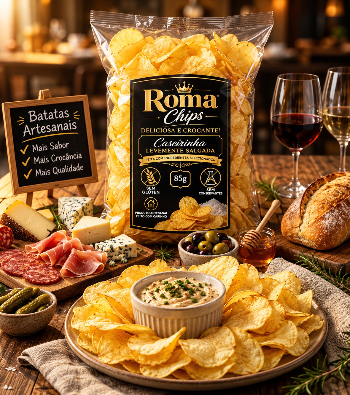 Embalagem Roma Chips fotografada; imagem de referência da linha